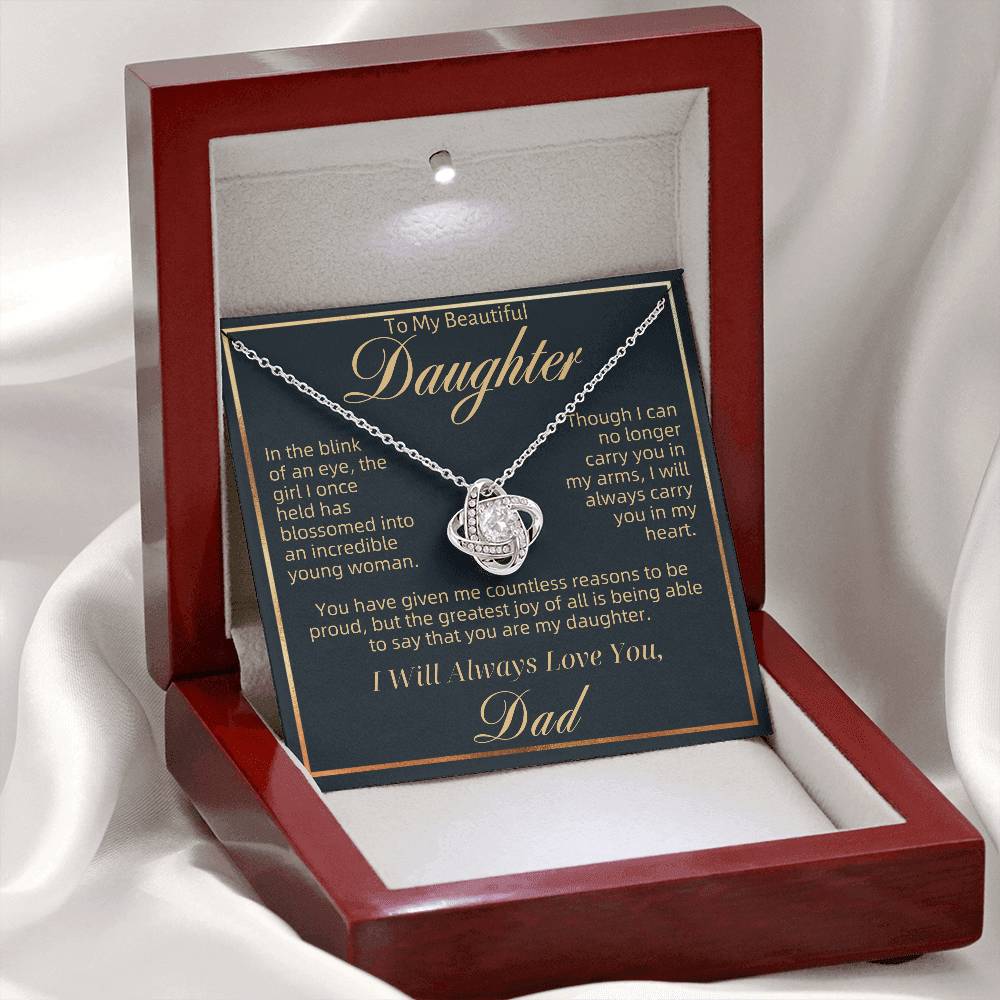 To My Beautiful Daughter - Blink of an Eye Navy Gold - Love Knot Necklace - Dad